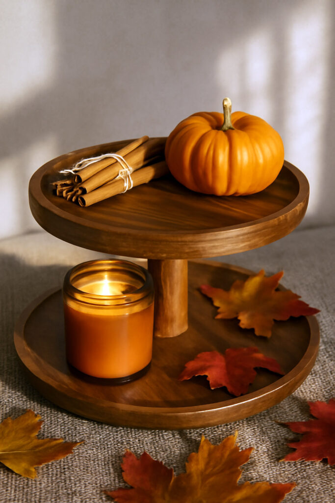 Acacia wood tray stand with pumpkin, candle, and cinnamon