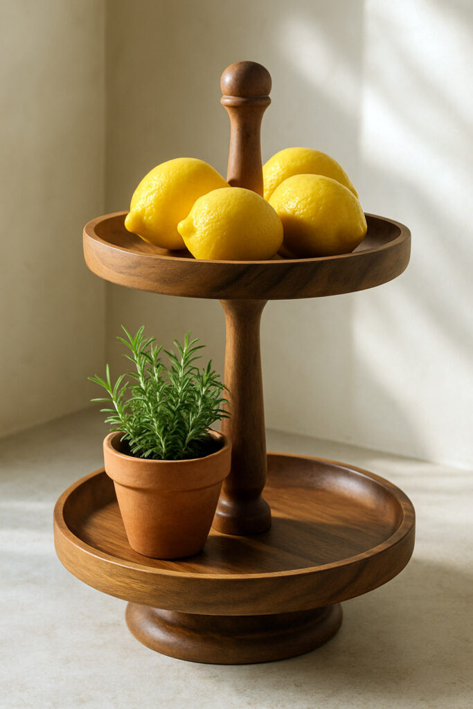 Two-tier acacia tray stand with lemons and herb