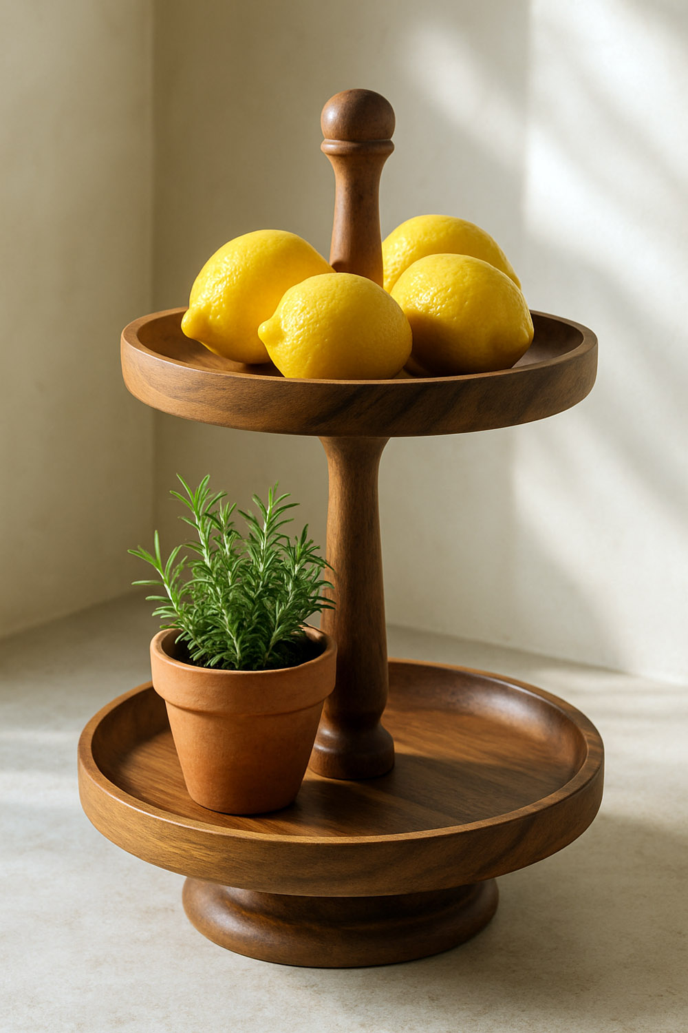 Two-tier acacia tray stand with lemons and herb