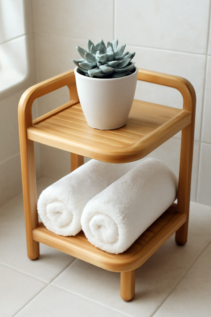 Bamboo tray stand with towels and small plant