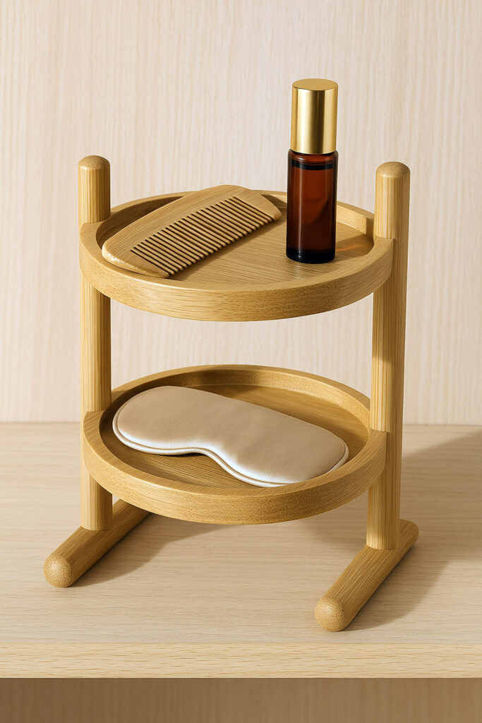 Two-tier bamboo stand with self-care items