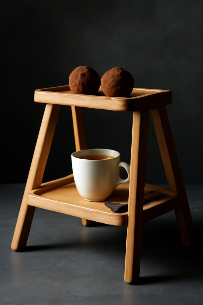 Beech tray stand with espresso and chocolates