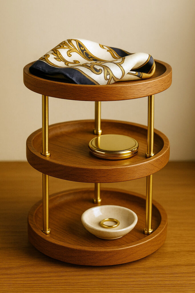 Three-tier beechwood stand with accessories