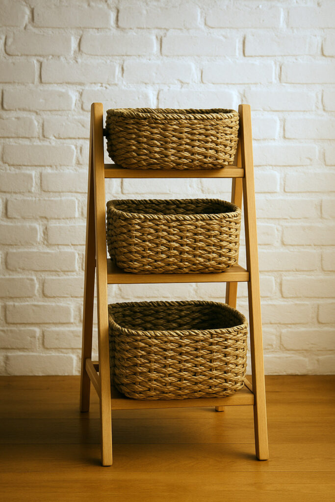 Three-tier beechwood tray stand with seagrass baskets