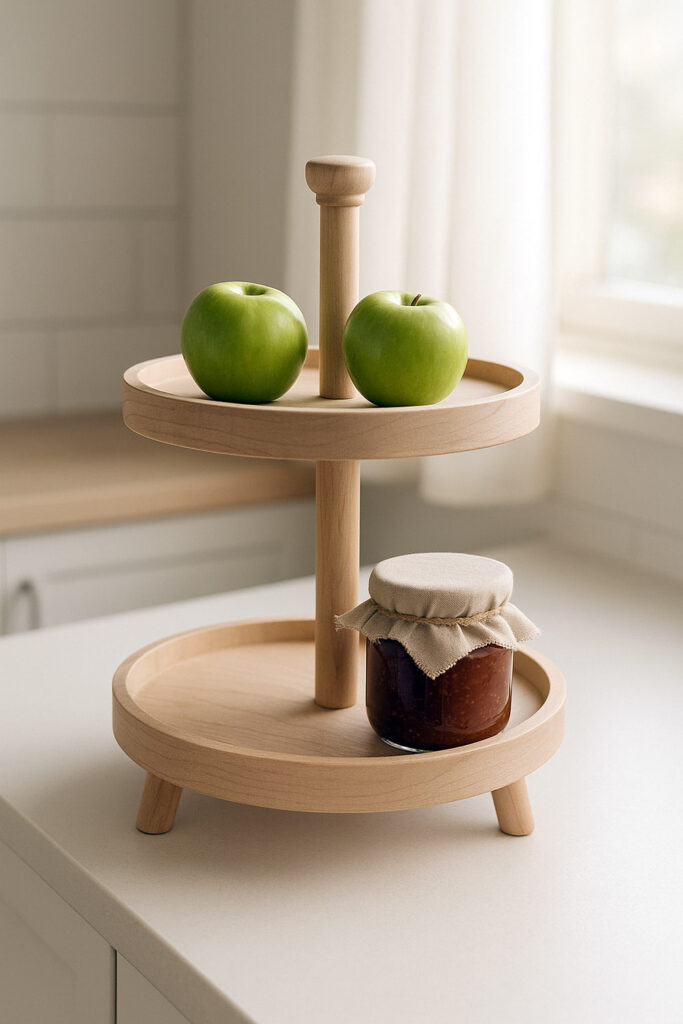 Two-tier birch stand with apples and jam