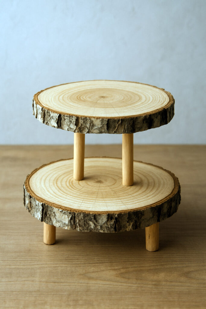 Rustic 2-tier birch wood slice tray stand with bark edges