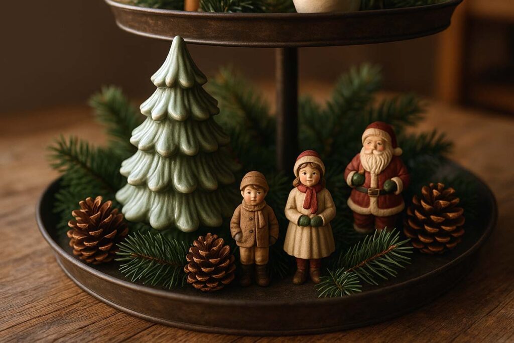 Close-up of bottom tier styled with a large ceramic tree, faux pine, and figurines