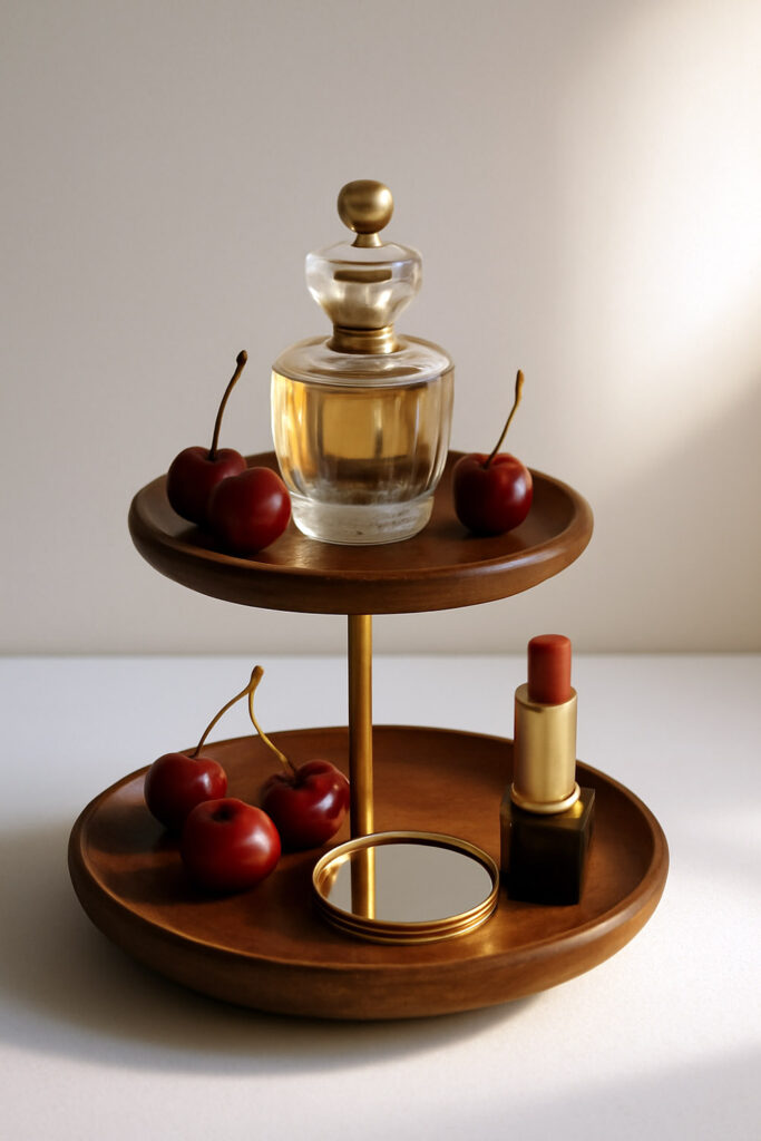 Cherry wood tray stand with perfume and makeup items