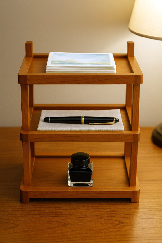 Three-tier cherry tray stand with writing tools