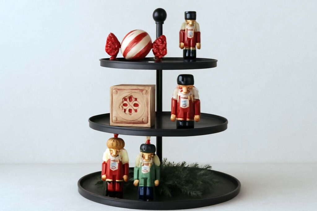 Three-tier tray showcasing multiple nutcracker figurines and greenery accents