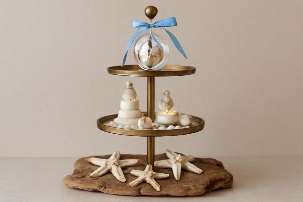 Three-tier tray styled with driftwood slice, starfish ornaments, and seashell accents