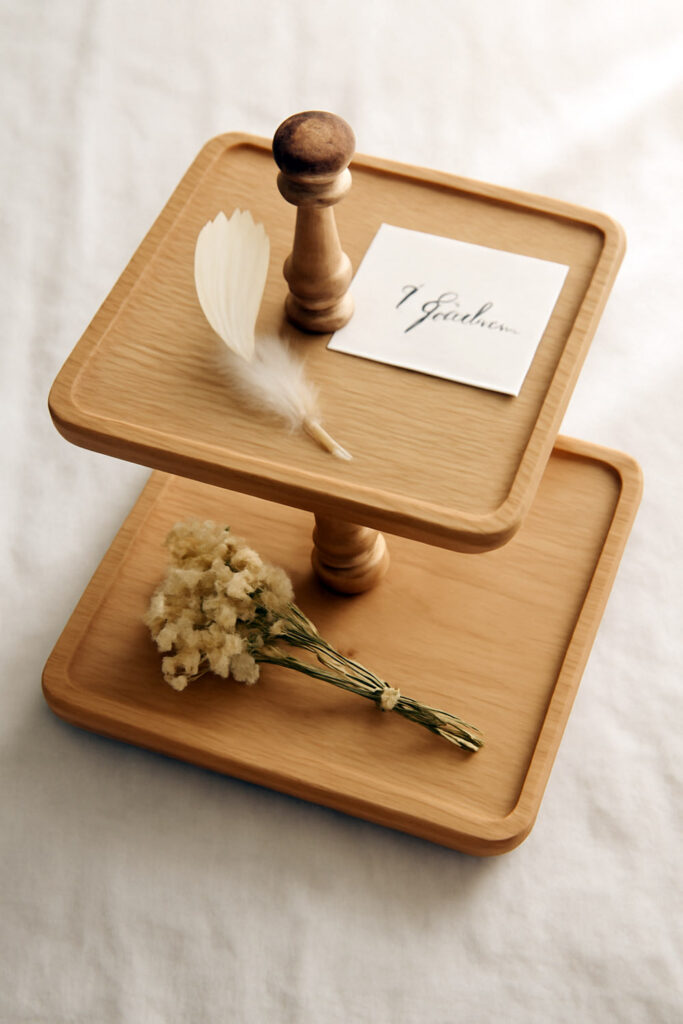 Elm tray stand with handwritten note and dried flower