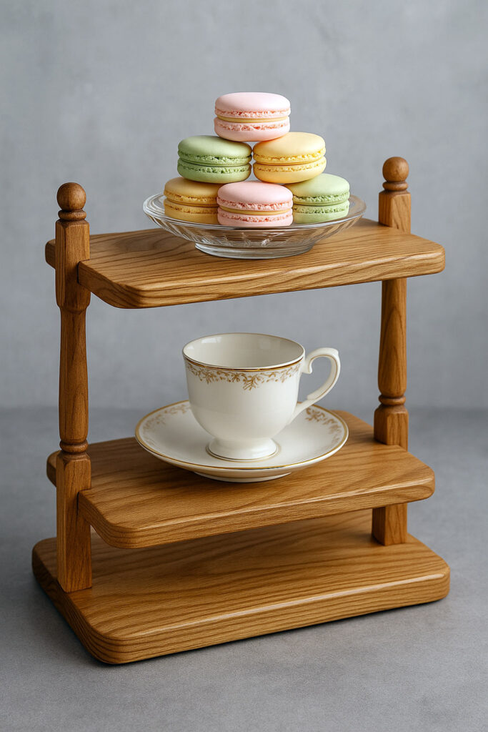 Two-tier elm tray stand with macarons and teacup