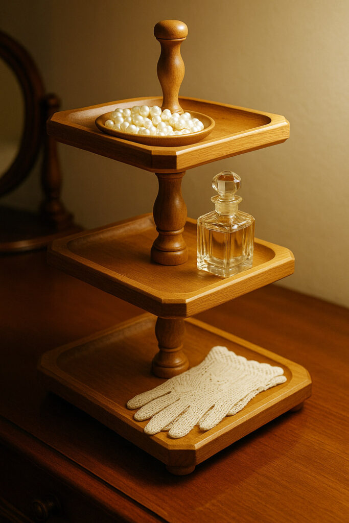 Three-tier elm tray stand with pearls and gloves