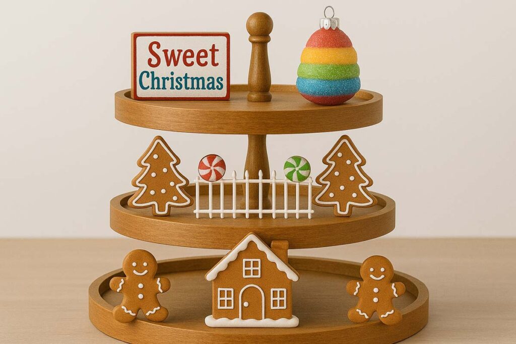 Three-tier tray featuring a faux gingerbread house, mini gingerbread men, and candies