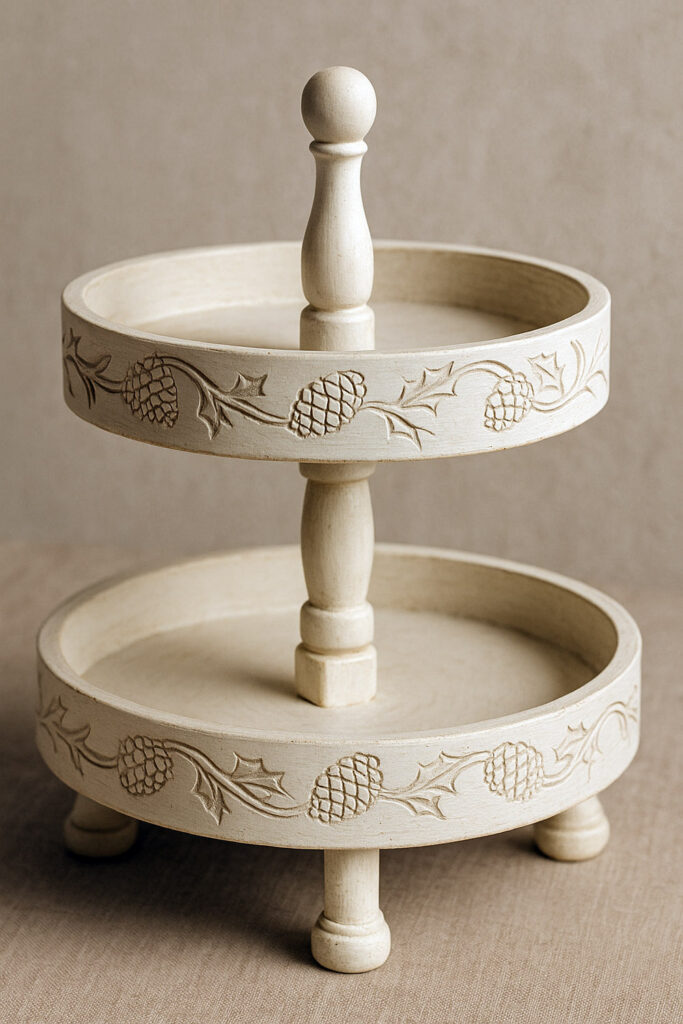 Holiday 2-tier round tray stand with carved seasonal accents