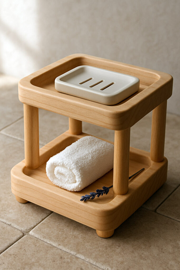 Two-tier maple tray stand with soap and towel