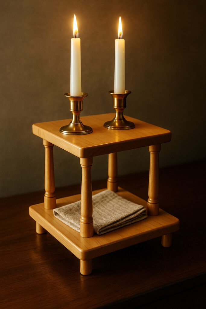 Two-tier maple tray stand with candles and linen napkin