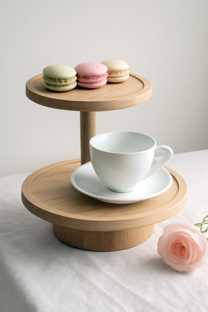 Maple tray stand with macarons and teacup