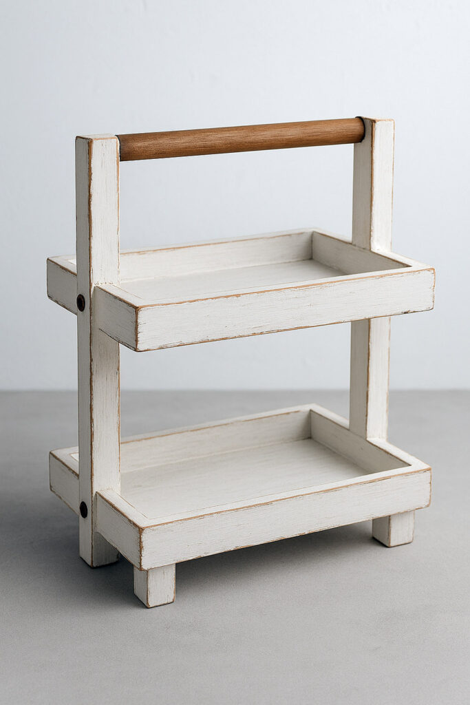 Rectangle 2-tier tray with matte white paint and wood handles