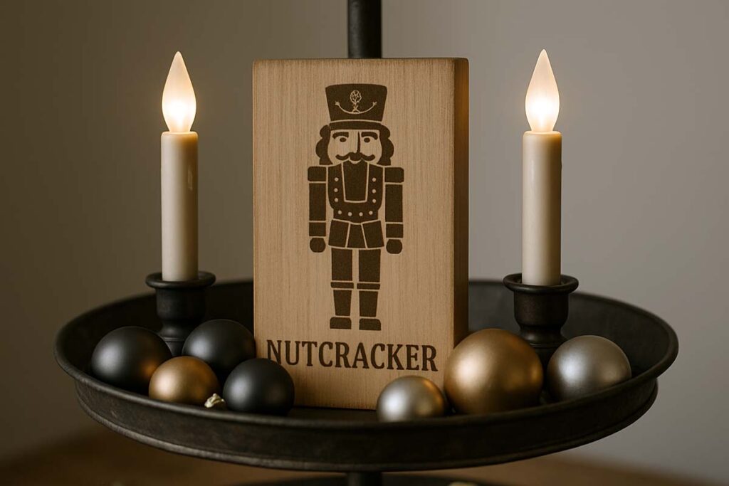 Middle tier featuring a nutcracker, candles, and layered ornaments