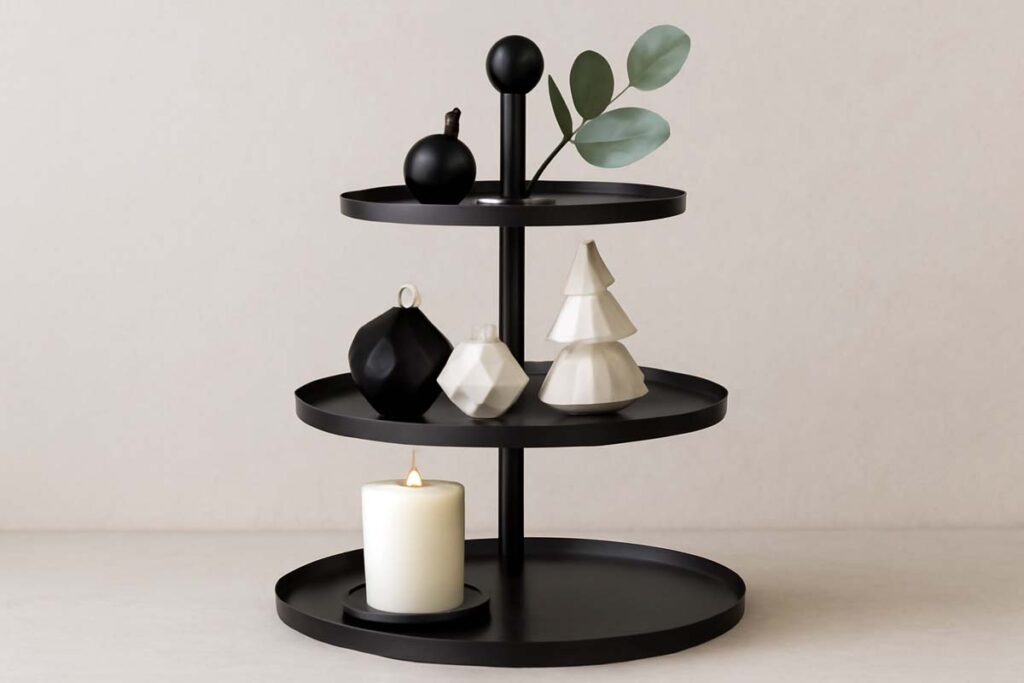 Three-tier tray with a white pillar candle, geometric ornaments, and eucalyptus sprig
