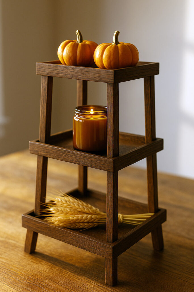 Three-tier oak tray stand with pumpkins and wheat