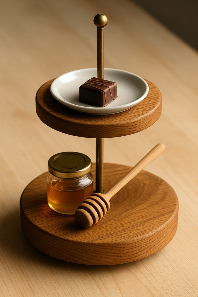 Two-tier oak tray stand with chocolate and honey