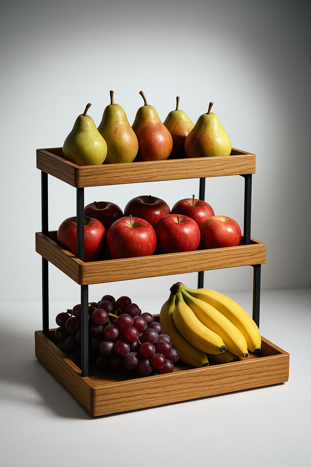 Three-tier rectangular oak tray stand with fruits