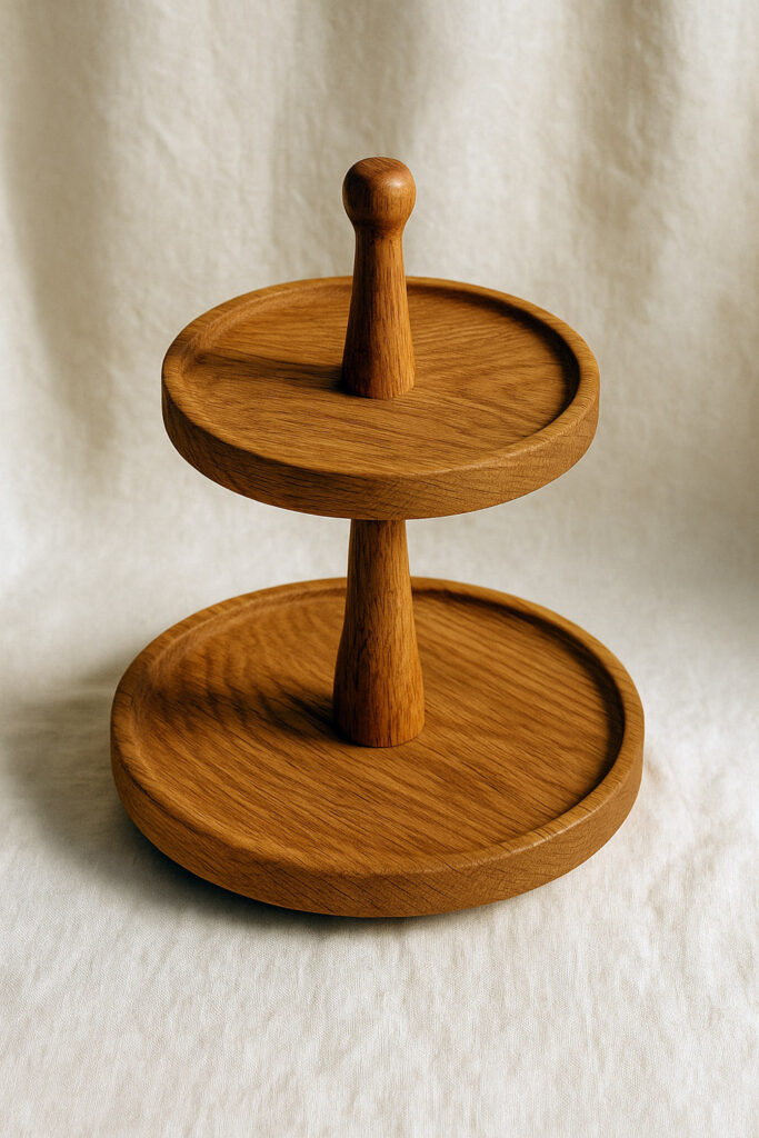 Two-tier round oak wooden tray stand on white linen backdrop