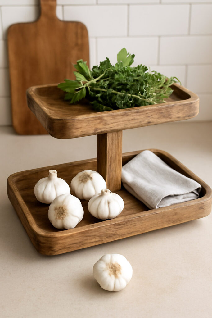 Reclaimed pine stand with herbs and garlic bulbs