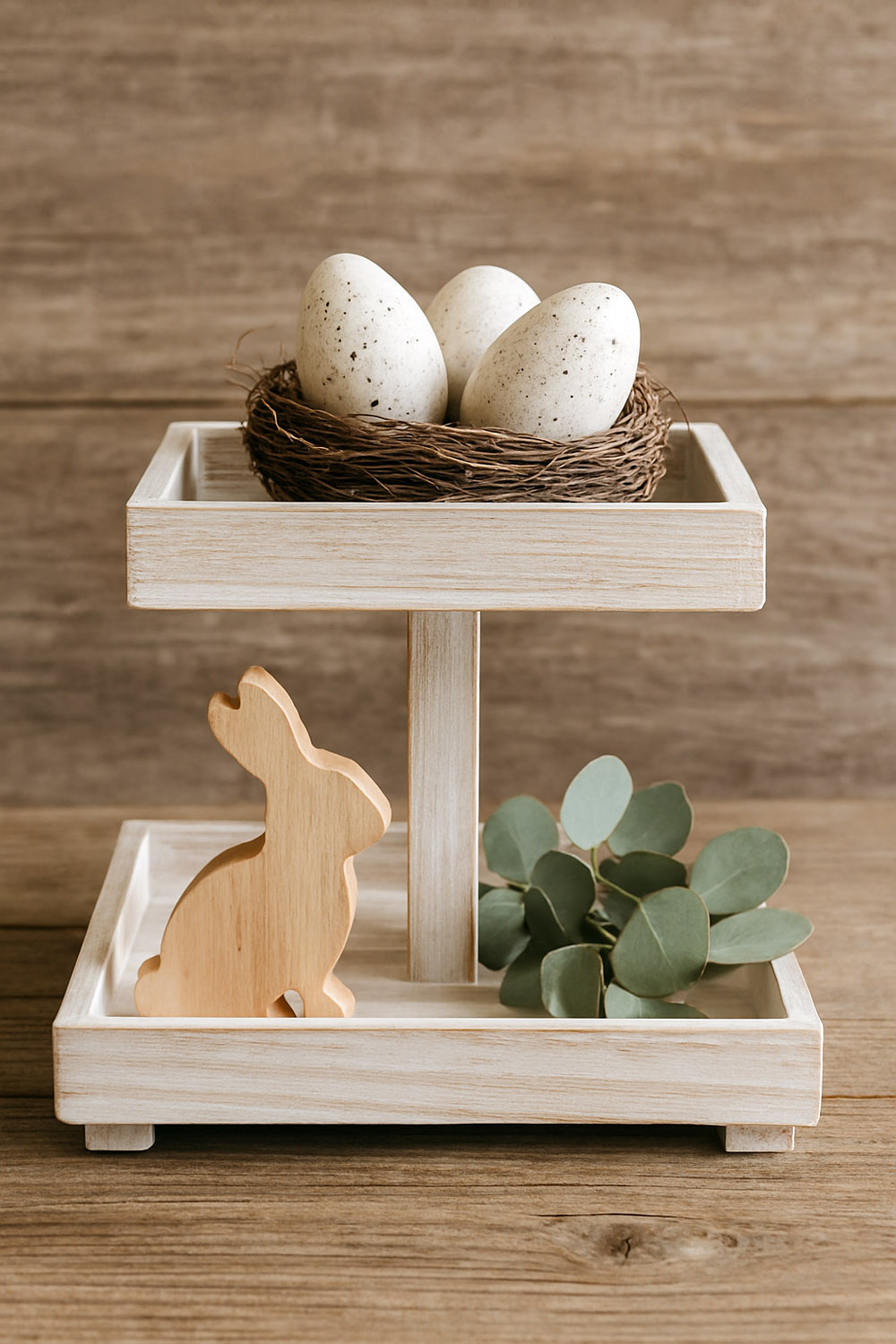 Two-tier whitewashed pine tray stand with nest and bunny