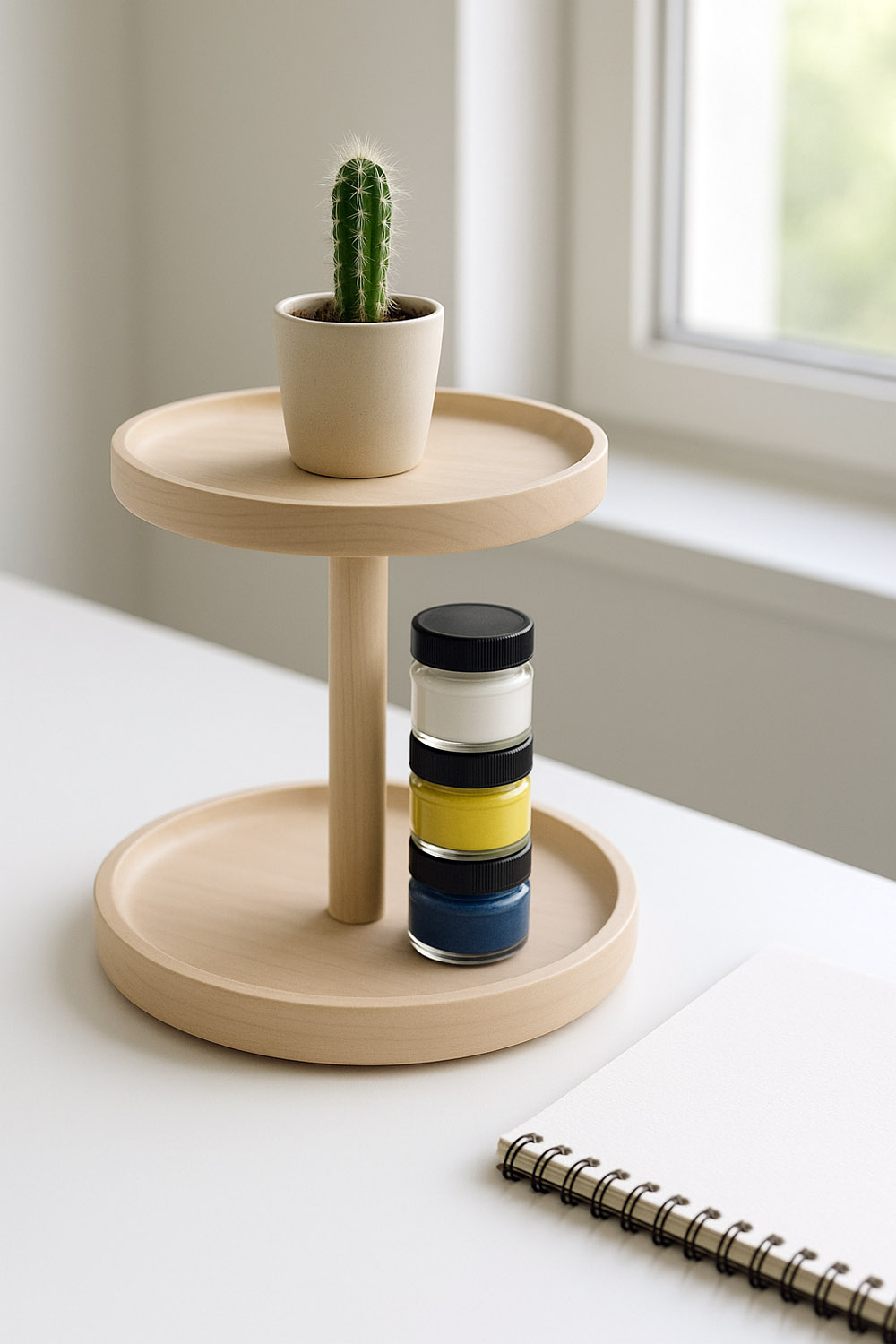 Two-tier poplar tray stand with cactus and art jars
