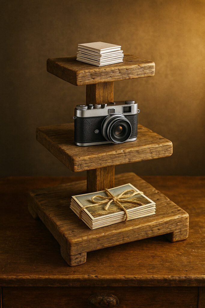Three-tier reclaimed pine stand with camera and postcards