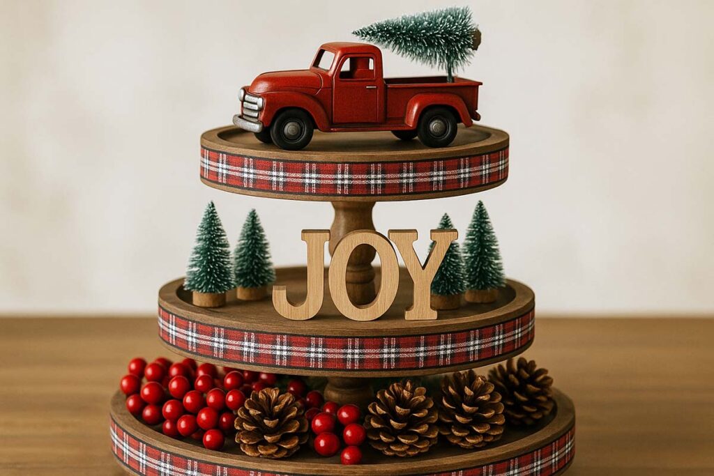 Three-tier tray styled with red berries, plaid ribbon, and mini green trees