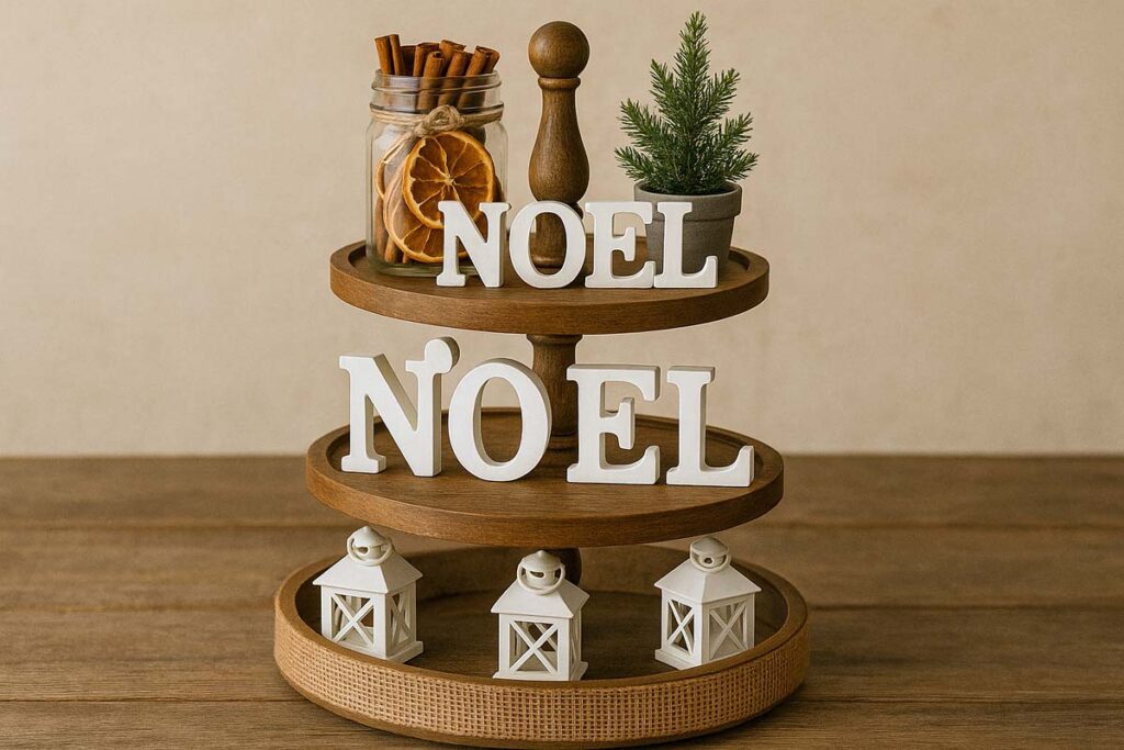 Three-tier tray decorated with burlap, lanterns, wooden “NOEL” letters, and cinnamon sticks