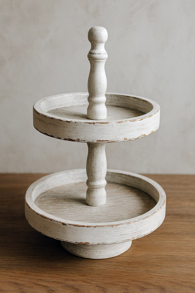 Hand-painted whitewashed 2-tier round wooden tray stand