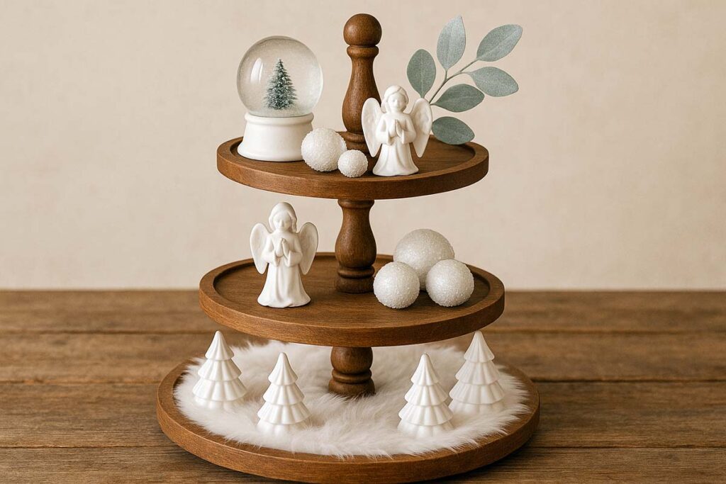 Three-tier tray with white ceramic trees, porcelain angel, and glittered snowballs