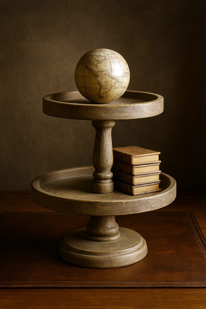 Two-tier teak tray stand with globe and books