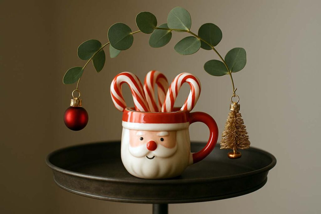 Top tier with a small Santa mug, candy canes, and minimal greenery