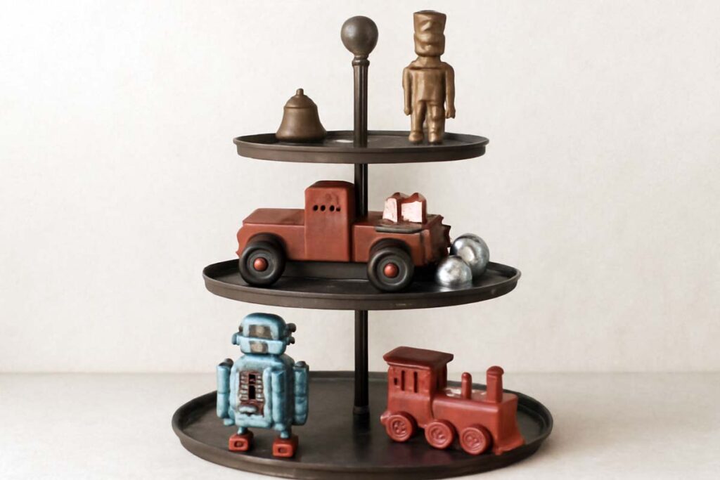 Three-tier tray displaying a tin robot, wooden train, vintage mini truck, and carved wooden soldier