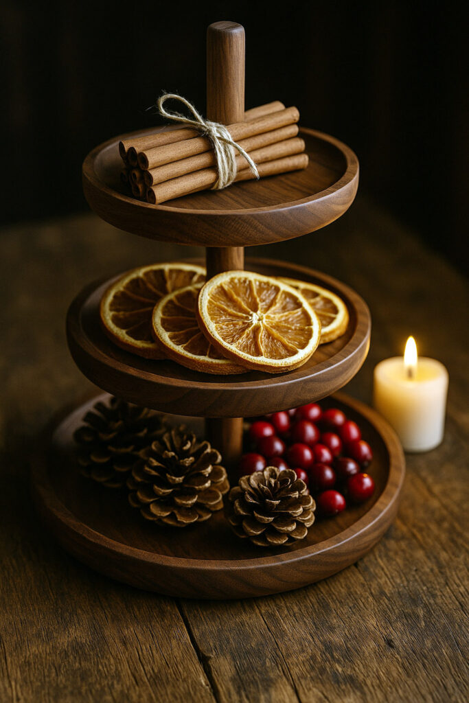 Three-tier walnut tray stand with cinnamon, citrus, and pinecones