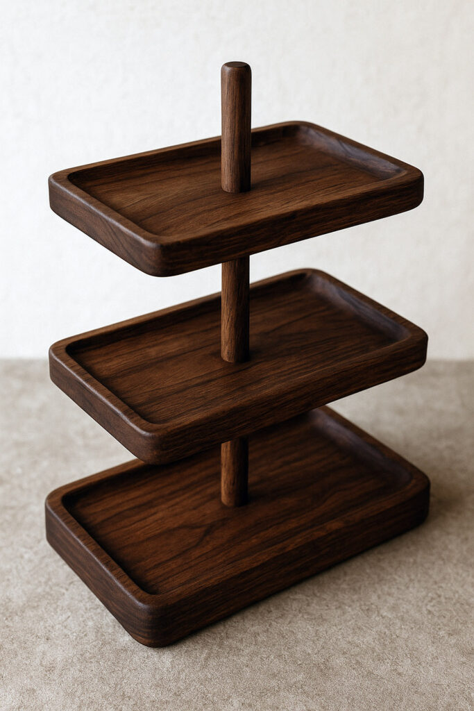 Handmade 3-tier rectangular tray stand in dark walnut wood