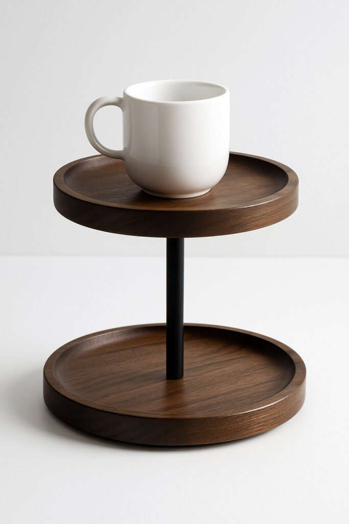 Two-tier round walnut tray stand with black metal rod