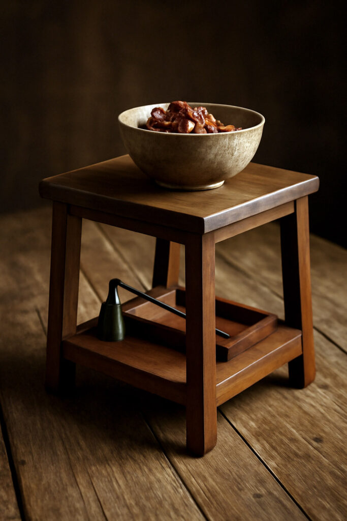 Walnut tray stand with dried fruit and candle tools