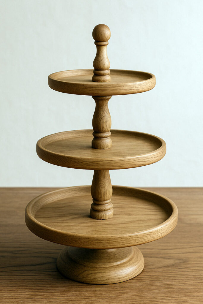 Classic 3-tier tray stand made from white oak with turned post