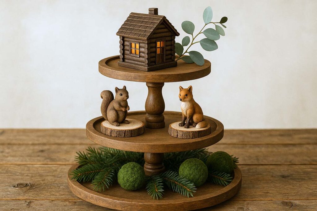 Three-tier tray featuring faux pine, a deer figurine, and mini woodland animals