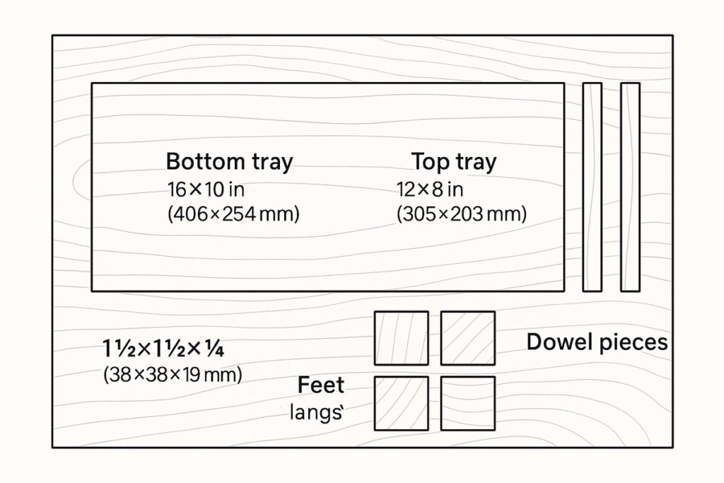 a wooden center post being glued into the bottom tray; visible glue bead around the mortise and a pilot hole with screw shown from underneath