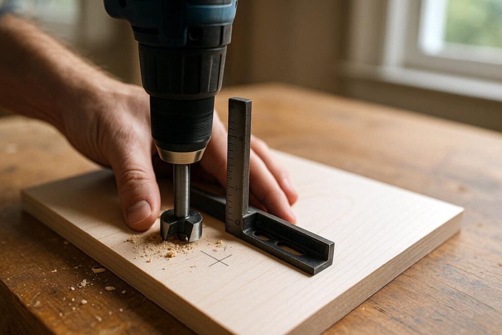 Close-up drilling a vertical hole with a 5/8" Forstner bit; combination square used as a plumb guide; clean shavings on maple