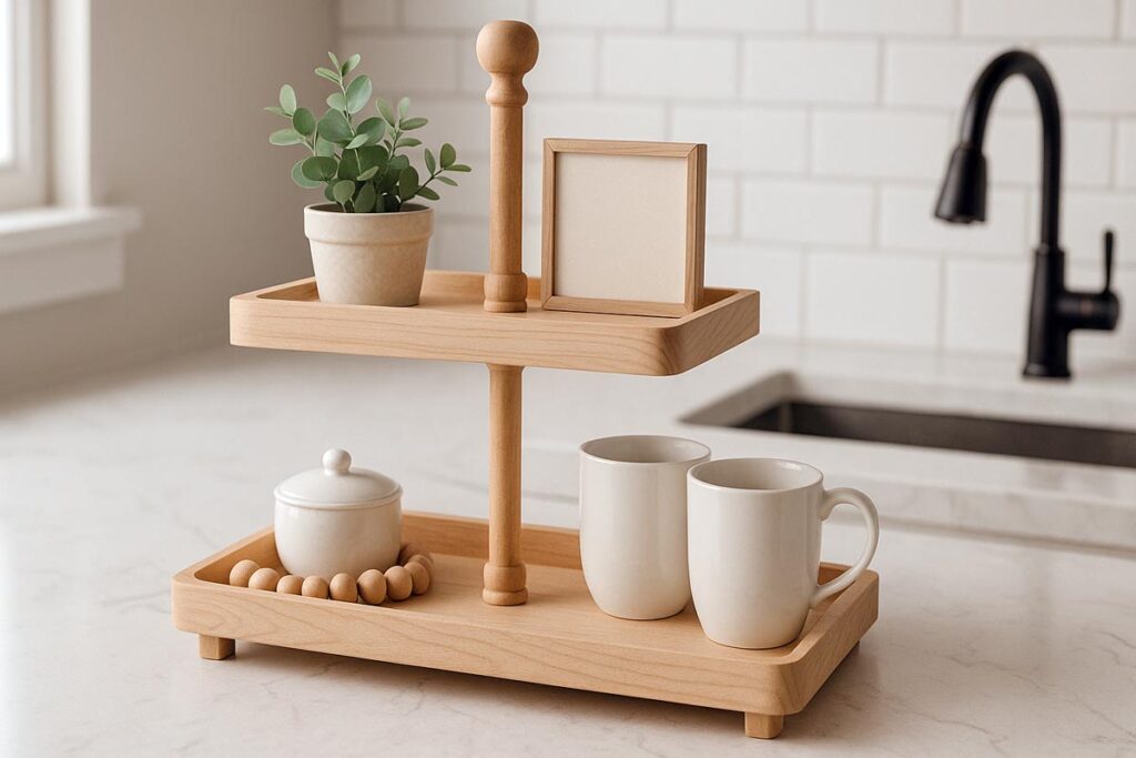 Two-tier farmhouse wooden tray on marble counter, natural window light